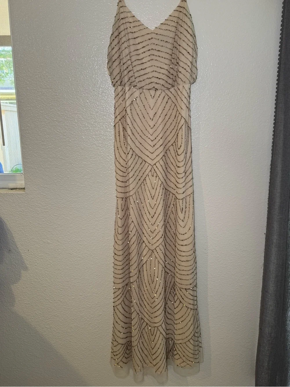 Adrianna Papell nude/ champagne Hand-Beaded maxi formal gown Damaged